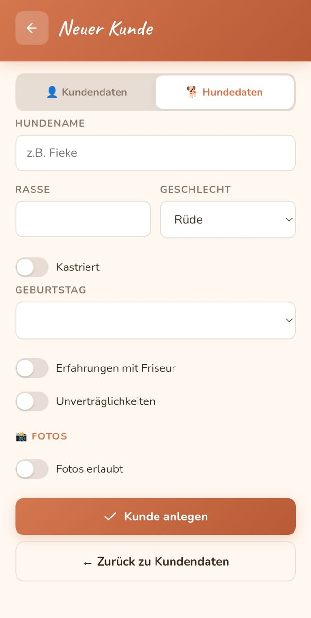 Hundedaten mit Rasse, Geschlecht und Foto-Berechtigung